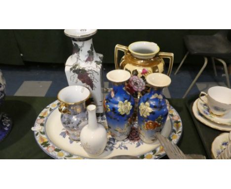 An Oval Meat Plate Together with Collection of Various Vases Including Noritake and Chinese Pair