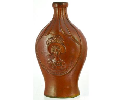 VICTORIA/ DUCHESS OF KENT FLASK. 8.5ins tall, orangey brown matt glaze stoneware. Raised portraits both sides Queen Victoria 