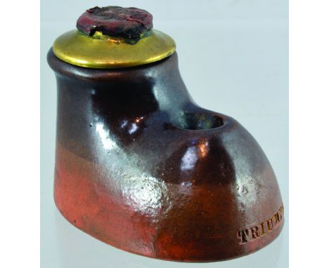 DOULTON ADJUSTABLE TRIUMPH PATENT INKWELL. (Doulton Inkwares pg 84) 3ins tall to top of ceramic threaded screw plunger. Boot 