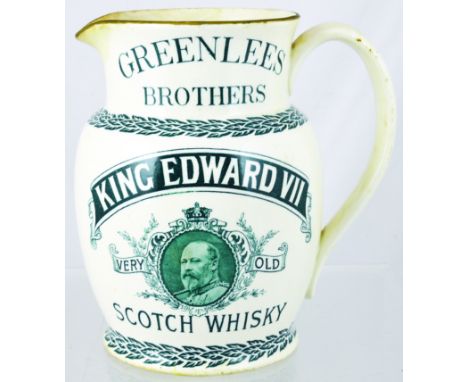 GREENLEES BROTHERS PUB JUG. 6.75ins tall, white glaze, deep green transfer GREENLEES/ BROTHERS below rim KING EDWARDS VII/ VE
