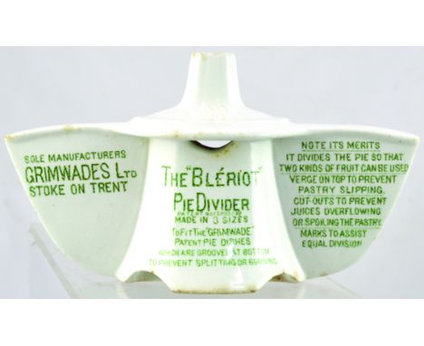 GRIMWADES BLERIOT PIE DIVIDER. 3.5ins tall, 6ins across. White glaze, green transfer THE BLERIOT/ PIE DIVIDER/ MADE IN 3 SIZE