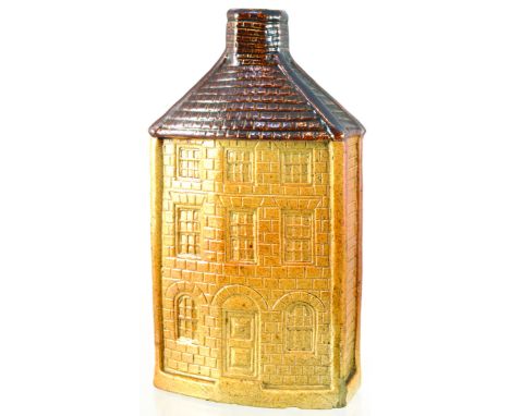 THREE STOREY HOUSE SHAPE REFORM FLASK. (Reform Flask by A Blakeman pg 23) 7.25ins tall, t.t. top dark brown, lower tan salt g