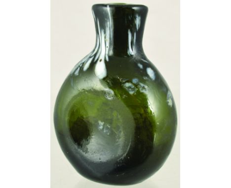 NAILSEA STYLE FLASK. 4.25ins tall, dark olive green glass with white enamelled flecks. Very thick heavy glass flask with rece