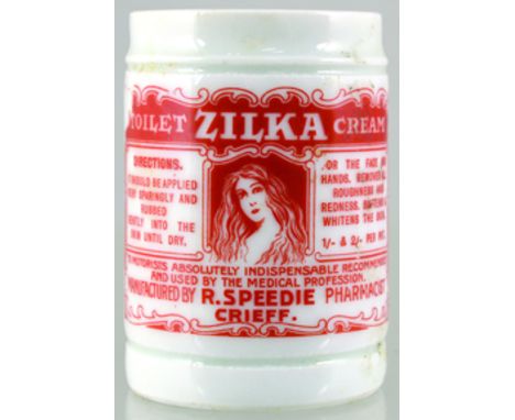 CRIEFF TOILET CREAM POT. 2.5ins tall, white glaze. Very strong transfer ZILKA TOILET CREAM MANUFACTURED BY R. SPEEDIE PHARMAC