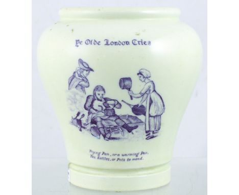 FORTNUM & MASON YE OLD LONDON CRIES JAR. 4.25ins tall, white glaze, purple transfer. Watchman pictured PAST TEN O CLOCK AND A