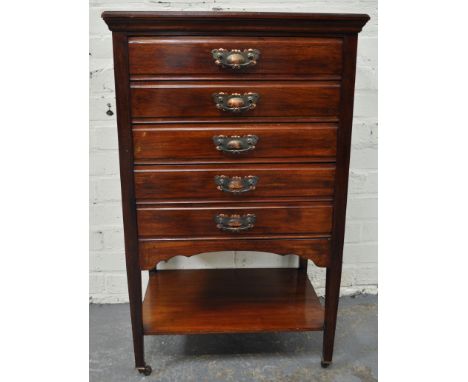 Edwardian walnut music cabinet, rectangular top with a moulded edge, five drawers, each with fall fronts, square tapering leg