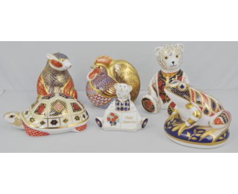 Collection of Royal Crown Derby paperweights, including teddy bear gold stopper 12cm, Happy Anniversary Bear, no stopper, sec