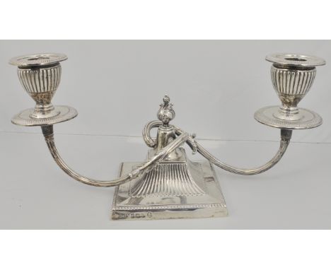 Modern silver two light table candelabra, neo classical style, fluted urn sconces, square base, ES & Co., Sheffield, height 1