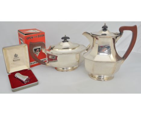 Box of miscellany, including a Ronson lighter, EPNS tea set, books and maps.