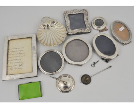 Continental silver box, rectangular form with rounded corners, engine turned, green enamel, 8cm, various silver photograph fr