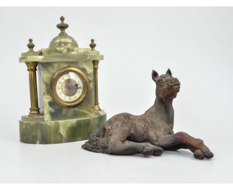Onyx mantel clock, architectural design, 19cms, other onyx items and ornamental pieces.