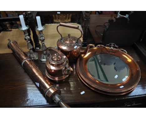 Copper kettle, acorn finial, turned handle, height 27cm, another kettle, wall mirror, pair of Victorian brass candlesticks, h