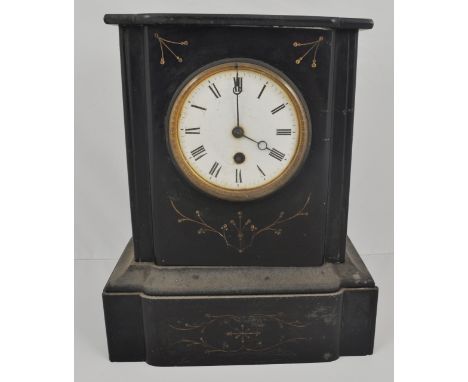 French black marble mantel clock, white enamelled dial, cylinder movement, some losses.