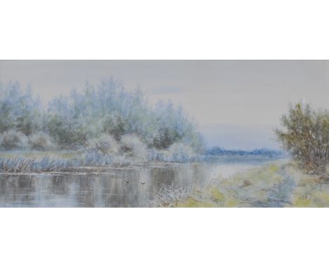 R A E Winter, river landscape, watercolour, signed, 24cm x 52cm