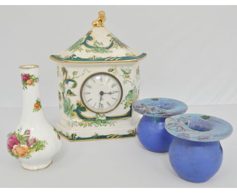 A Masons pottery mantel clock and decorative china.
