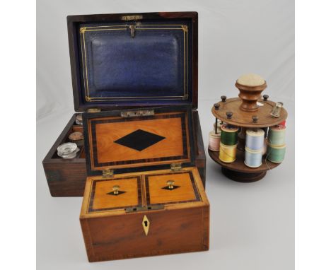 Victorian mahogany tea caddy, crossbanding and boxwood stringing, inlaid interior, 18.5cm, a Victorian rosewood workbox and a
