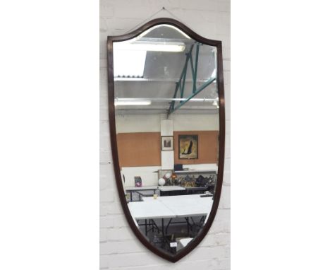 Edwardian inlaid mahogany shield shape dressing mirror, bevelled glass, 143 x 74cm