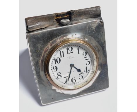 Silver faced travelling clock, London 1924, white enamel dial, lever movement