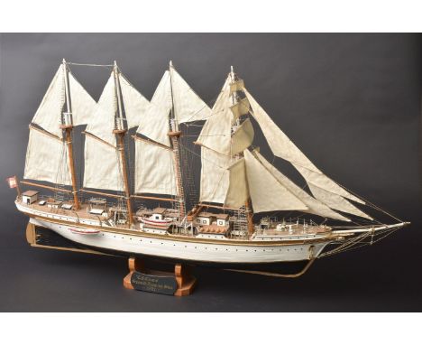 Model Ship. Wooden scale model ship of 'Juan Sebastian Elcano', with four fully rigged sails, deck fittings, life rafts, whit