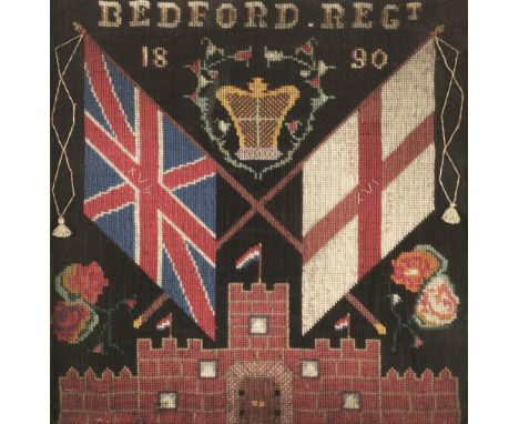 Woolwork Panel - Bedford Regt. A woolwork panel for the Bedford XVI Regiment, 1890, 46 x 46 cm, framed &amp; glazed, together