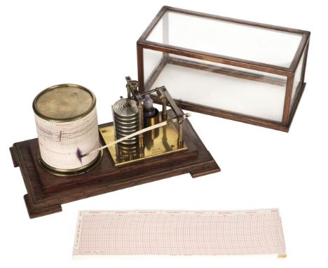 Barograph. A 1920s brass barograph by Ross of London, presented in an oak and glass display case, 15cm high x 31cm wide x 18c