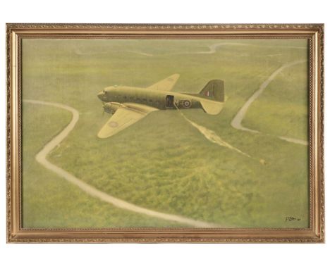 Lea (G.E., active 1980s). Dakota over Burma, oil on canvas, signed and 19(87) lower right, 51 x 76.5cm, framed, manuscript la