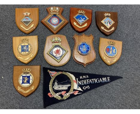 Ships Crests. A mixed collection of maritime collectables, including ships crests for HMS Drake, Cambria, Malabar, Pembroke, 