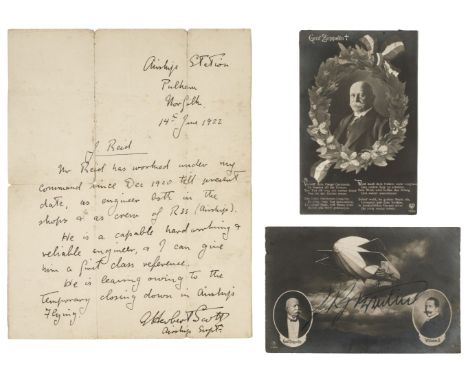 Zeppelin. A signed black and white postcard, showing a Zeppelin airship and portrait photographs of Graf Zeppelin and Kaiser 