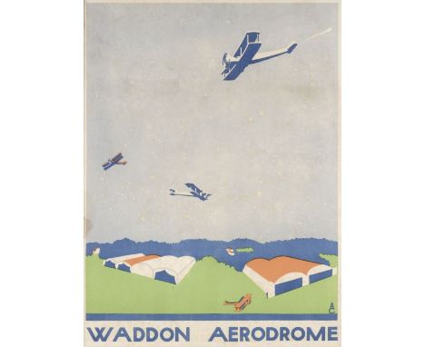 Waddon Aerodrome. A rare aviation poster, c. 1920, depicting biplanes circling above a flying-field with hangars, chromolitho