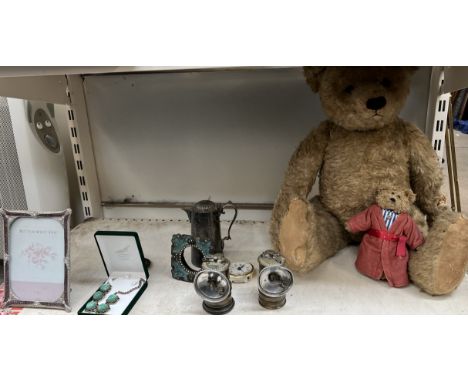 A Mohair teddy bear together with two Premier Lamps, necklace, photograph frame etc 