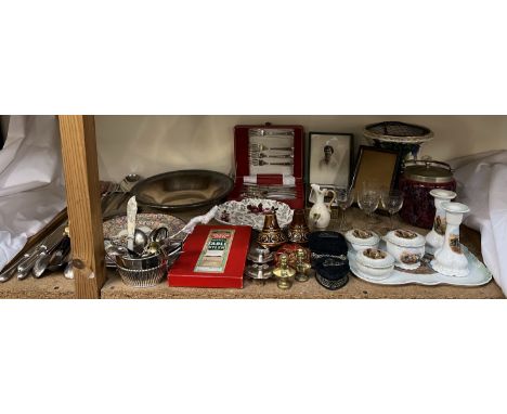 A pottery dressing table set together with a pottery planter, pottery plates, electroplated dish, flatwares, photograph frame