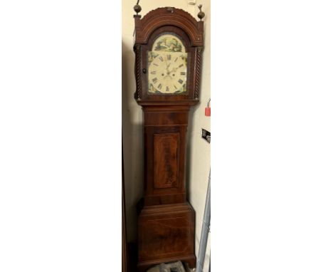 A 19th century mahogany longcase clock, the arched hood with globe finials and rope twist columns above a short trunk door, b