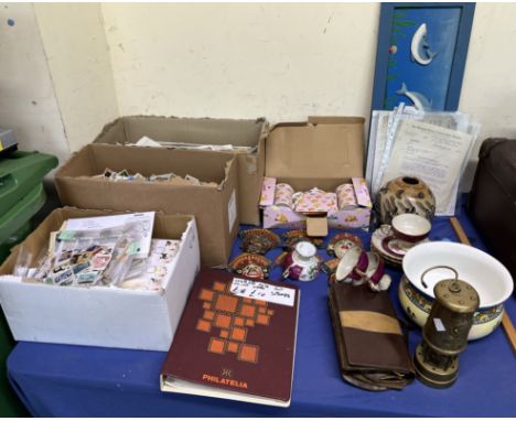 Assorted loose stamps together with a stamp album, cigarette cards, ephemera, chamber pot, miners lamp etc 