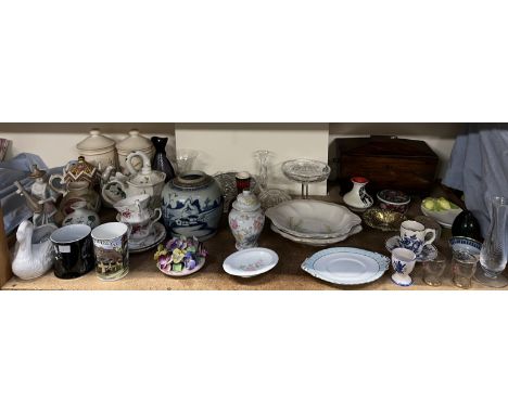 A Victorian rosewood tea caddy together with a Chinese blue and white porcelain ginger jar, part tea sets, storage jars etc 