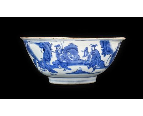 A Chinese Porcelain "Immortals" Bowl, Yutang Jiaqi mark, 17th century, probably Shunzhi, painted in underglaze blue with the 