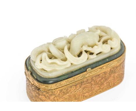 A Chinese Celadon and Spinach Jade Mounted Gilt Metal Box, early 20th century, of rounded rectangular form, the hinged cover 