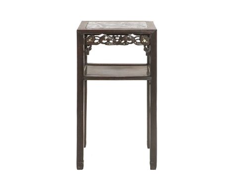 A Chinese Hardwood and Mother-of-Pearl Two-Tier Table, early 20th century, of rectangular form with grey and white inset marb