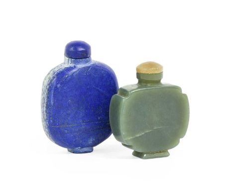 A Chinese Jade Snuff Bottle and Stopper, of rounded rectangular form with re-entrant corners5.5cm highA Similar, with two rai