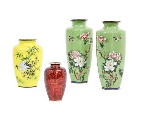 A Japanese Cloisonne Enamel Vase, Meiji/Taisho, of baluster form with everted rim, worked with a crane amongst bamboo on a ye