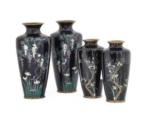 A Pair of Japanese Cloisonne Enamel Vases, Meiji period, of baluster form with everted rims, decorated with birds perched amo