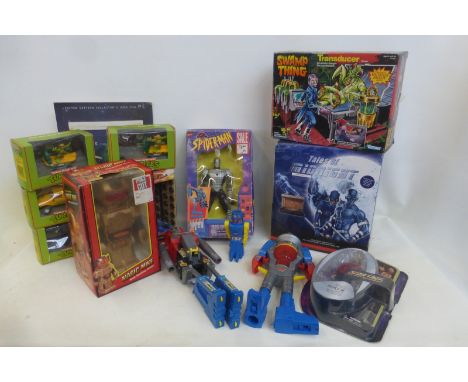 A collection of boxed television inspired figures including Spiderman, Swamp Thing and Doctor Who; also a boxed Magic Mike ro