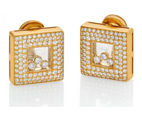 CHOPARDHappy Diamonds. Diamond-Clip On Earrings. Switzerland, Ca. 1990. 750/- yellow gold, glass inlay, metal, total weight: 