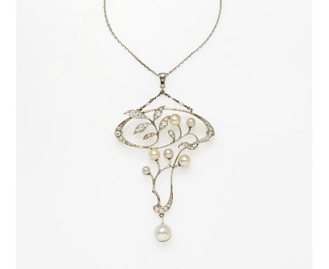PEARL-DIAMOND-NECKLACE/ BROOCH. Europe, ca. 1910/20. 585/- yellow gold, platinum (brooch), 333/- white gold (collier), total 