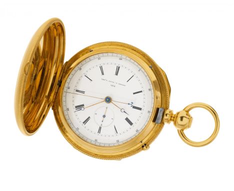 JACOT, CHARLES E.Pocket watch.Switzerland, ca. 1870.Key winding. 750/ yellow gold, enamel dial. total weight: 153.0g. D.ca. 5