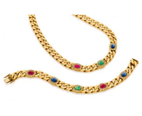 GEMSTONE-DIAMOND-SET. Germany, ca. 1980. 750/- yellow gold, total weight: 165.5g. Necklace: L.ca. 43.5cm, bracelet: L.ca. 18.