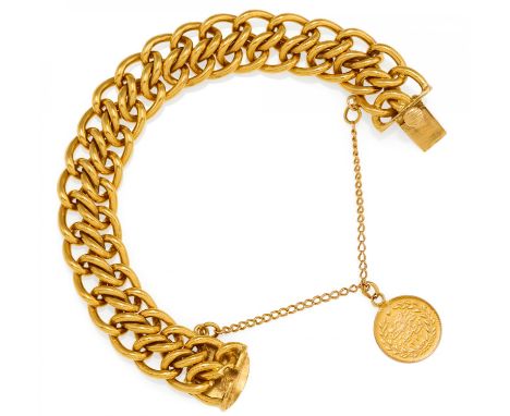 GOLD-BRACELET. Probably Arabia, ca. 1970. 900/- yellow gold, total weight: 87.0g. L.ca. 17.5cm. Arabic coin on delicate chain