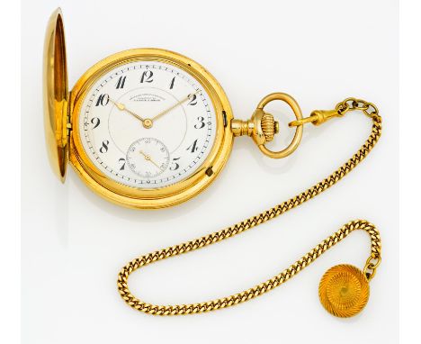 A. LANGE & SÖHNEGermany, ca. 1920.Pocket watch. Hand wound. 585/- yellow gold, chain 585/- yellow gold, enamel dial, three pa