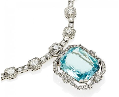 DIAMOND-AQUAMARINE-PENDANT NECKLACE. Europe, ca.1920/30. Platinum, white gold, total weight: 52.5g. Necklace: L.ca.43.0cm, pe