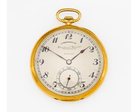IWCSwitzerland, ca. 1930/40.Pocket watch. Handwound. 750/- yellow gold, dial printed, lacquered, hands blued. total weight: 7