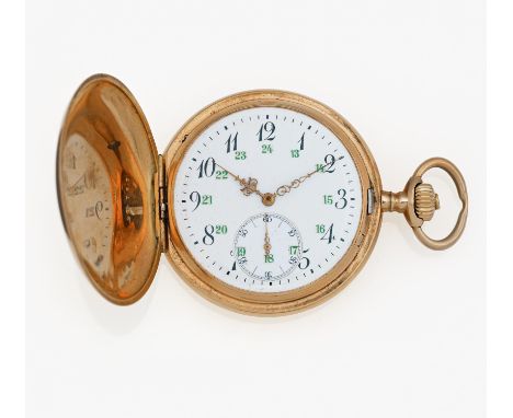 MEN'S SAVONETTE.Switzerland, ca. 1910.Hand wound. 585/- red gold, enamel dial, two parts, hands golden. total weight: 112.0g.